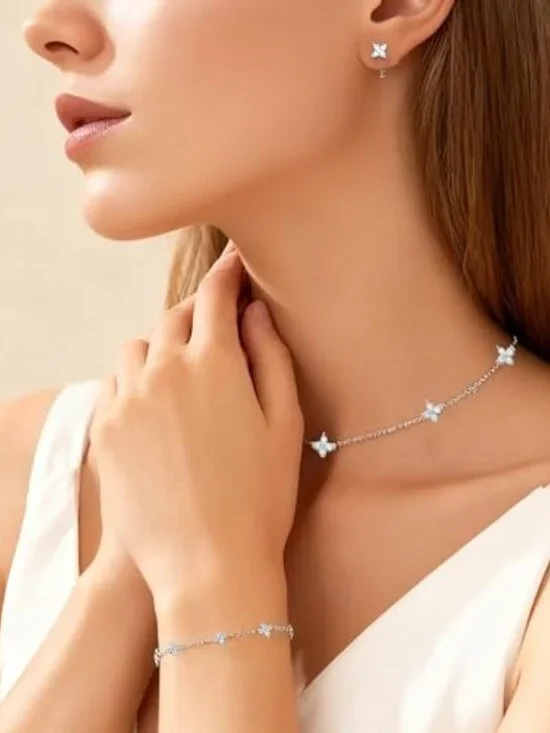 14K Silver Plated Four Leaf Bracelet Choker Necklace and Earring Jewelry Set - Picture 4 of 6